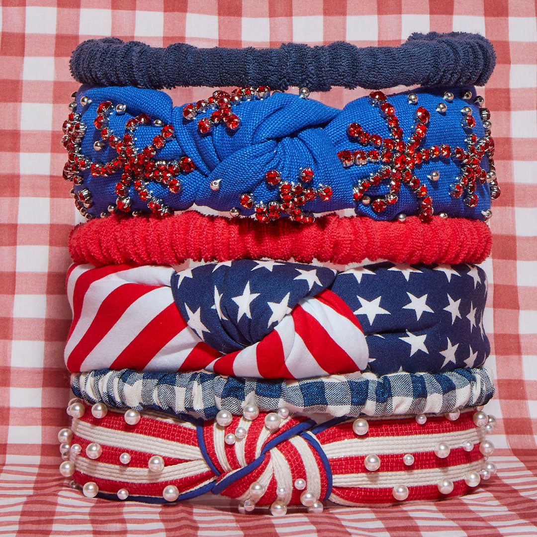 assortment of Americana-inspired headbands stacked neatly