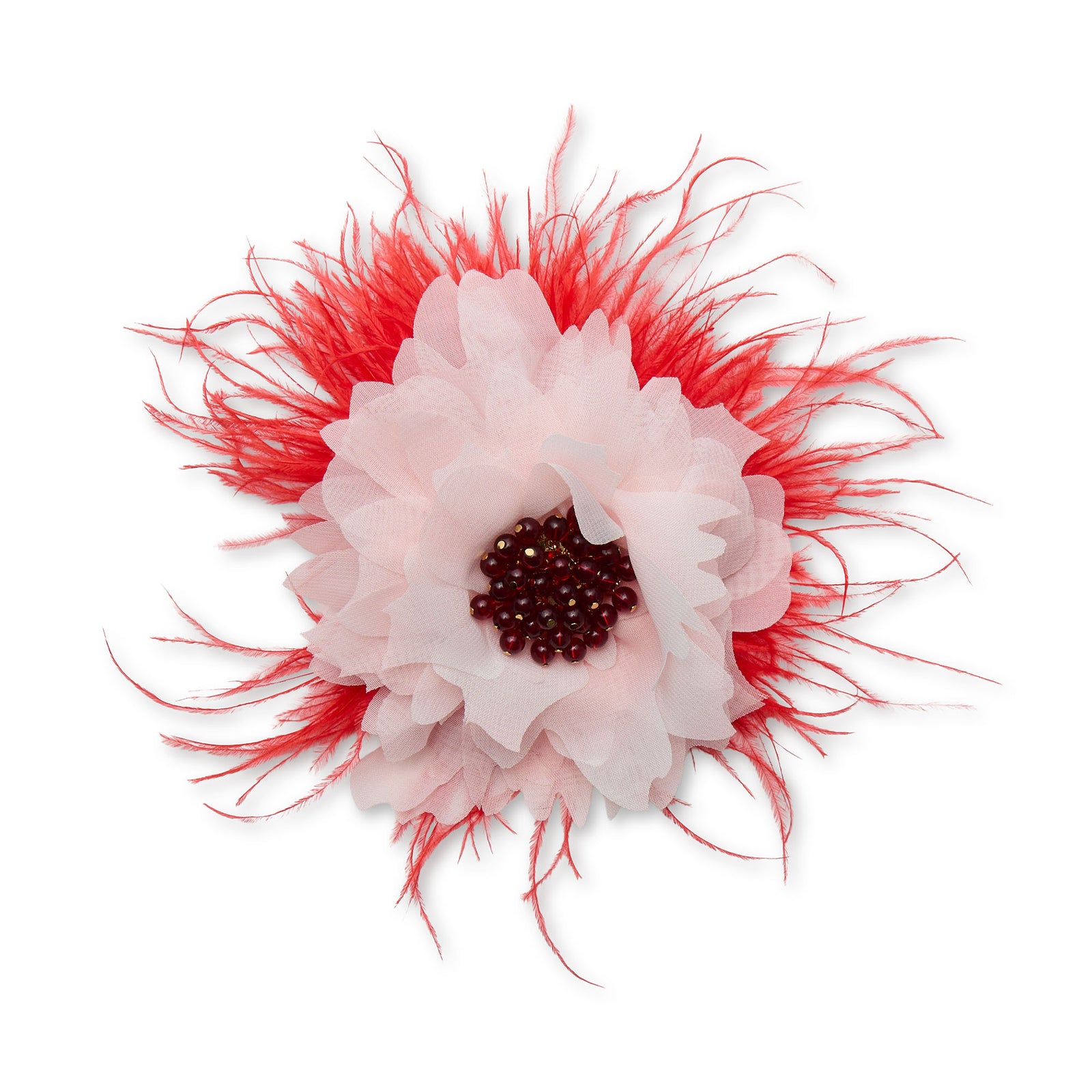 SCARLET BLUSH FEATHERED FLOWER EMBELLISHED BROOCH