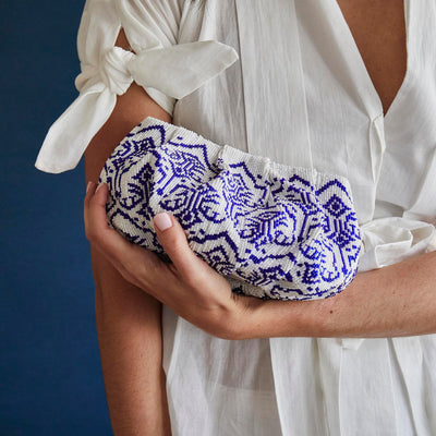 LELE SADOUGHI BAGS BLUE IVORY CORA BEADED CLUTCH