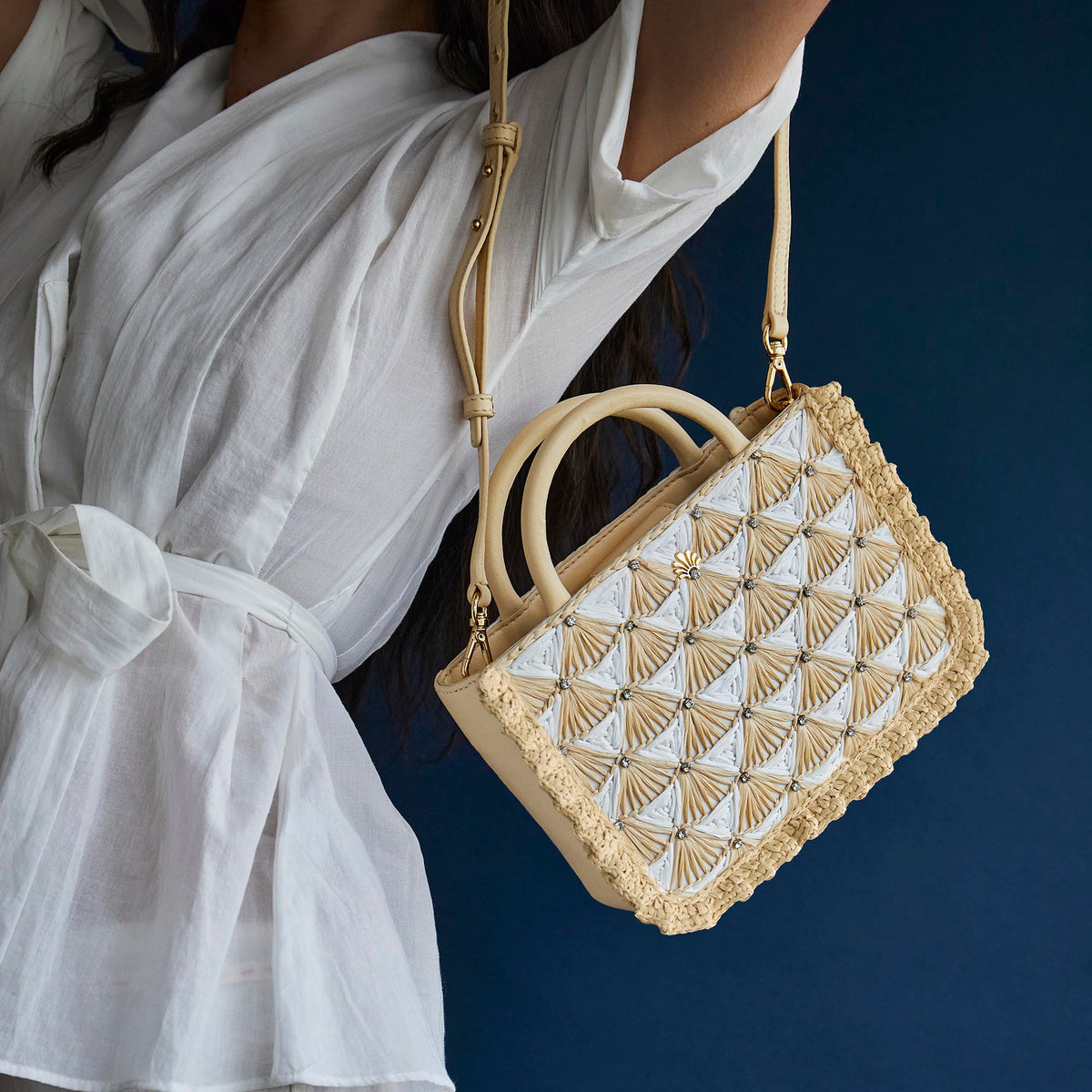 LELE SADOUGHI BAGS IVORY NATURAL MAYA CRYSTAL FAN RAFFIA MINI TOTE