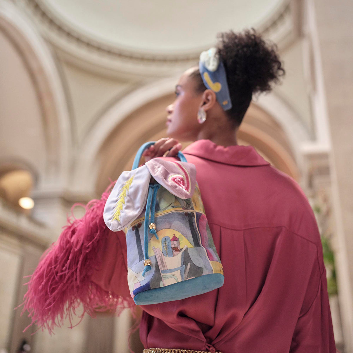 Lele Sadoughi BAGS THE MET X LELE KLEE BLACK COLUMNS IN A LANDSCAPE EMBROIDERED COLUMNS BAG