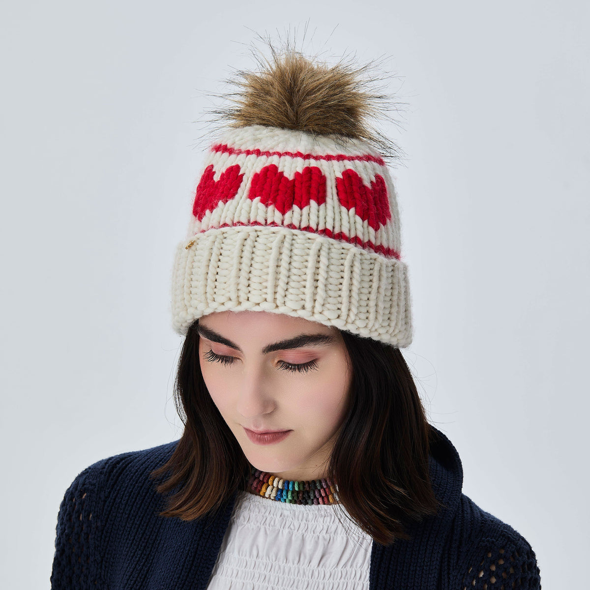 Lele Sadoughi BEANIE IVORY TRIPLE HEARTS BEANIE