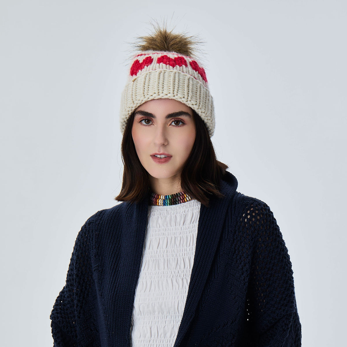 Lele Sadoughi BEANIE IVORY TRIPLE HEARTS BEANIE