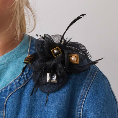 Lele Sadoughi BROOCHES JET FEATHERED CRYSTAL PEARL BROOCH