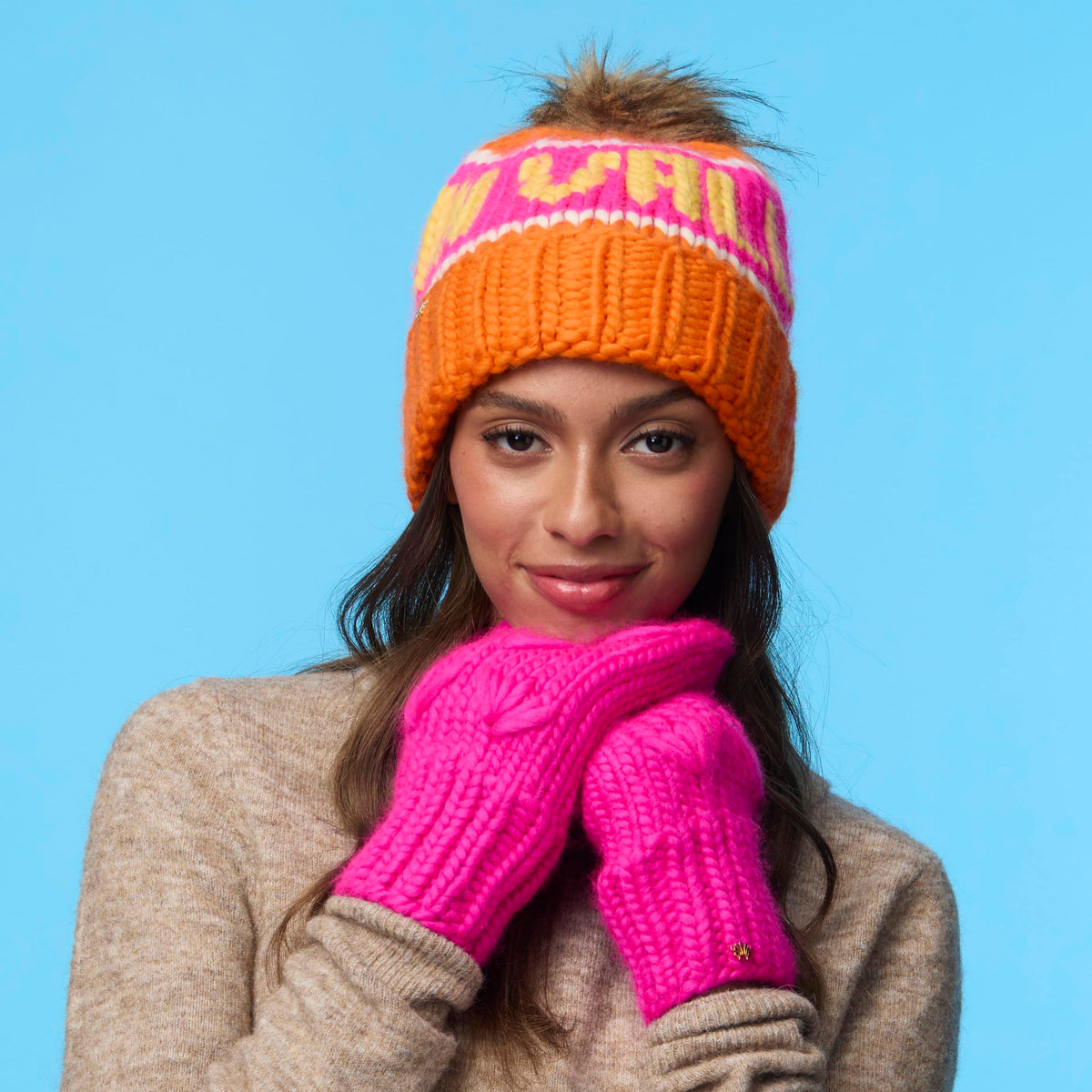 Lele Sadoughi COLD WEATHER BRIGHT PINK MOTLEY MITTENS