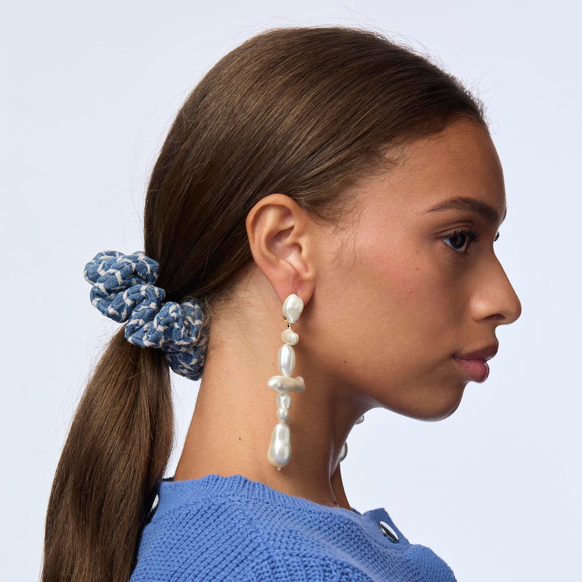 Lele Sadoughi HAIR CADET BLUE LATTICE DENIM SCRUNCHIE