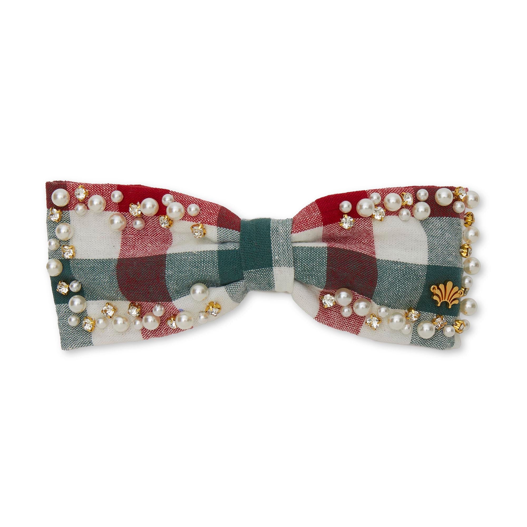 Lele Sadoughi HAIR CHRISTMAS GINGHAM RILEY PEARL SPRINKLE BOW BARRETTE