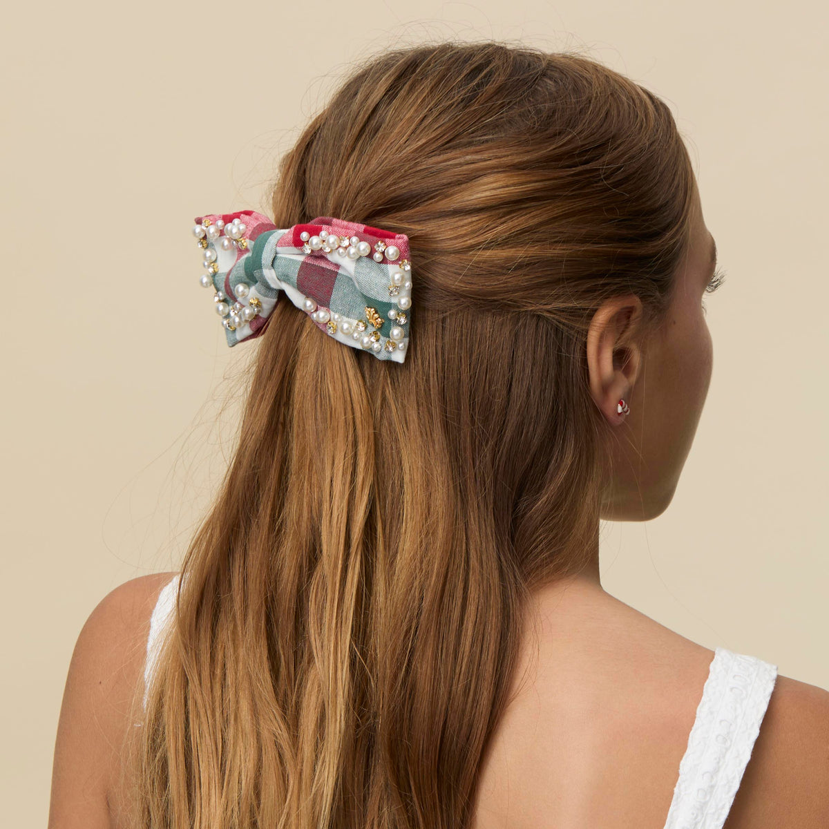 Lele Sadoughi HAIR CHRISTMAS GINGHAM RILEY PEARL SPRINKLE BOW BARRETTE