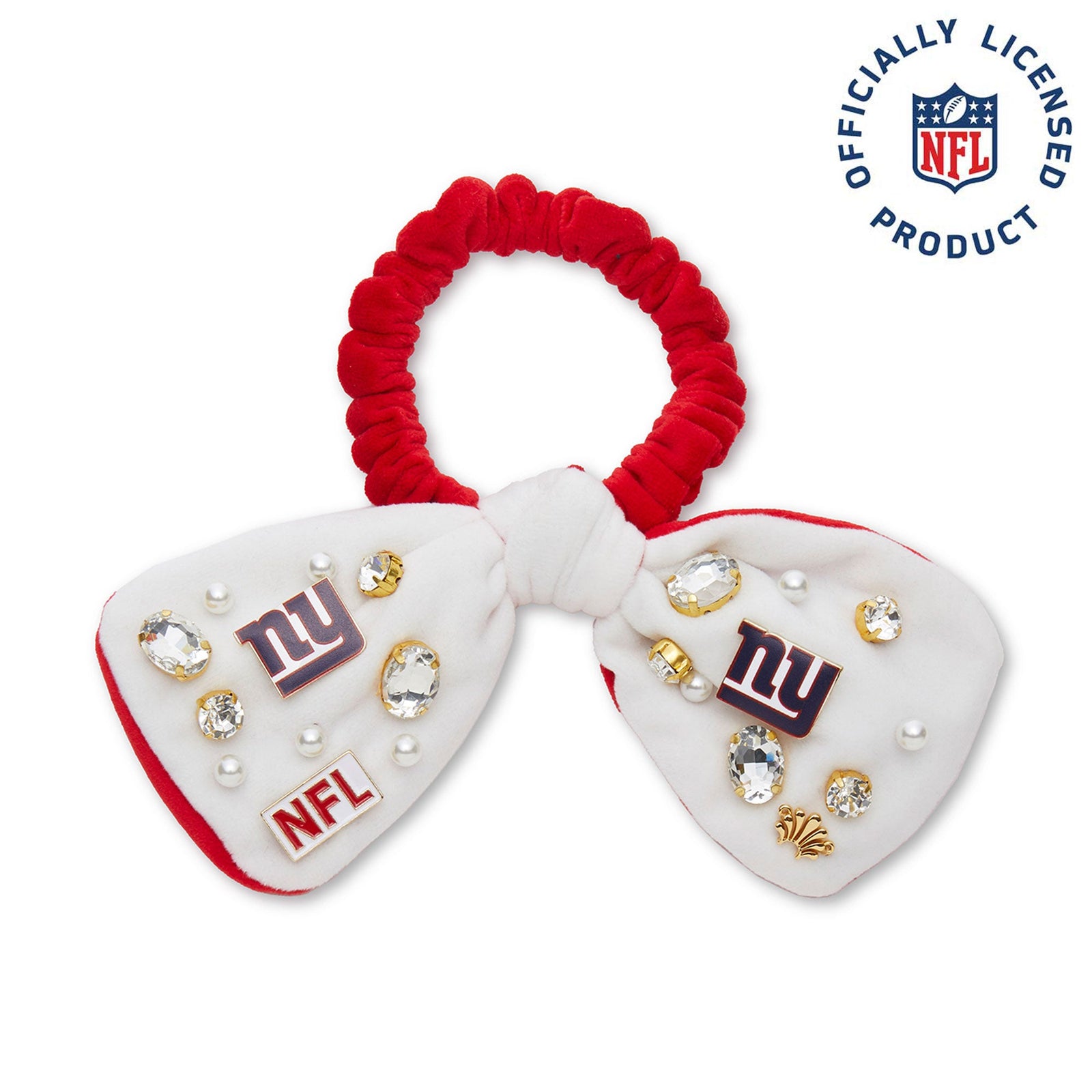 Lele Sadoughi HAIR NEW YORK GIANTS LELE X NFL IVORY RED BOW SCRUNCHIE