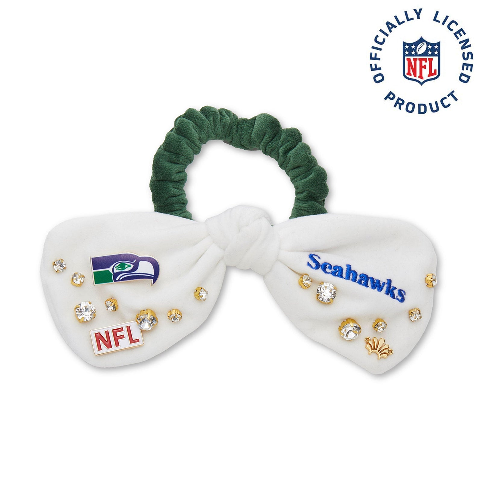 Lele Sadoughi HAIR SEATTLE SEAHAWKS LELE X NFL IVORY GREEN BOW SCRUNCHIE