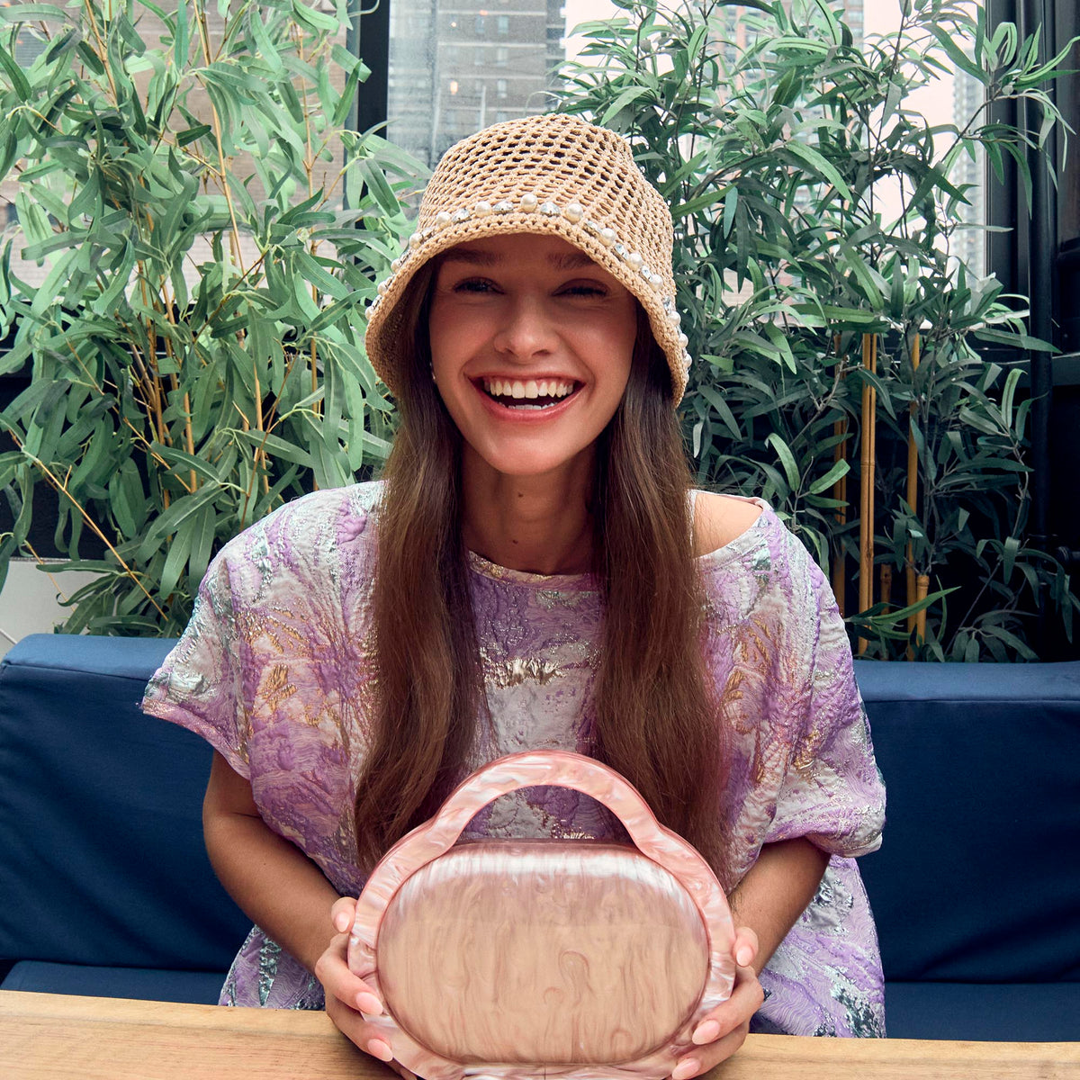 Lele Sadoughi HATS NATURAL OPEN WEAVE EMBELLISHED BUCKET HAT