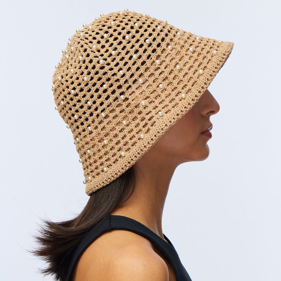 NATURAL OPEN WEAVE PEARL BUCKET HAT Lele Sadoughi
