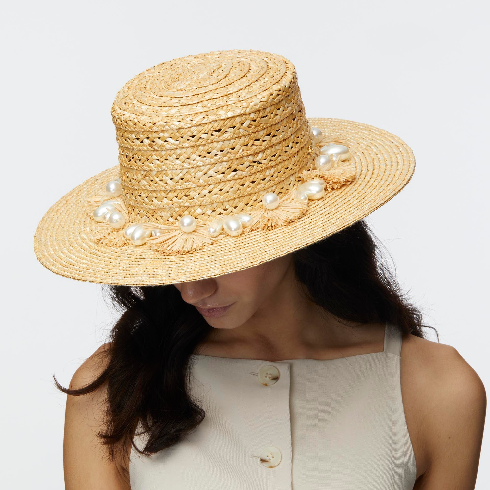 NATURAL PEARL POMS STRAW HAT Lele Sadoughi - Main Image