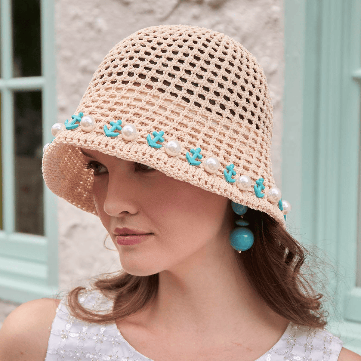 Lele Sadoughi HATS TURQUOISE IVORY MAYA PEARL ANCHOR BUCKET HAT