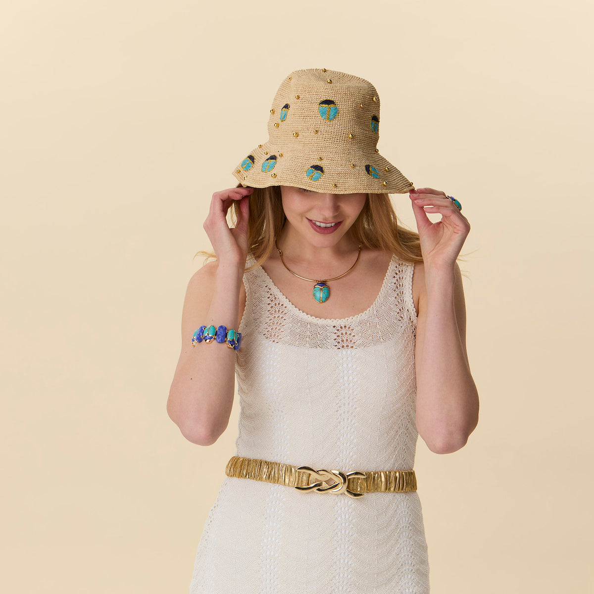 Lele Sadoughi HATS TURQUOISE LAPIS SCARAB EMBELLISHED RAFFIA BUCKET HAT