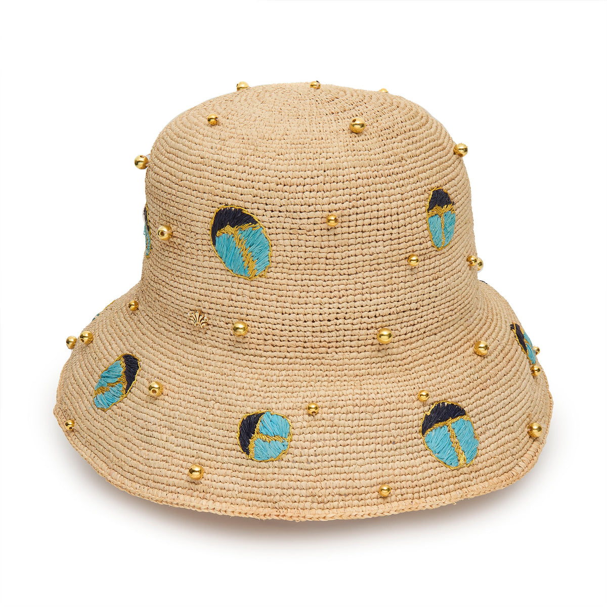 Lele Sadoughi HATS TURQUOISE LAPIS SCARAB EMBELLISHED RAFFIA BUCKET HAT