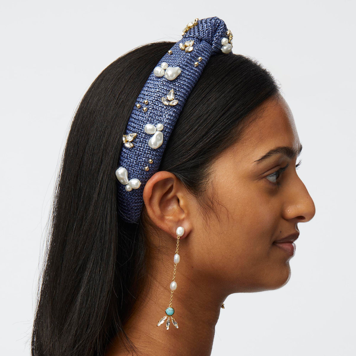 LELE SADOUGHI HEADBAND AEGEAN BLUE SLIM KNOTTED RAFFIA OASIS EMBELLISHED HEADBAND