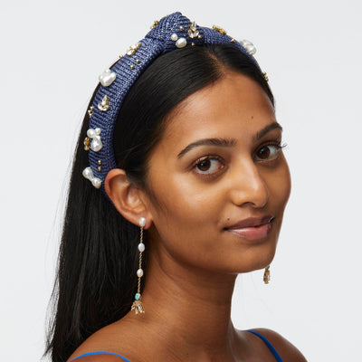 LELE SADOUGHI HEADBAND AEGEAN BLUE SLIM KNOTTED RAFFIA OASIS EMBELLISHED HEADBAND
