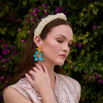 Lele Sadoughi HEADBANDS CITRINE SLIM KNOTTED EMBELLISHED SEERSUCKER HEADBAND