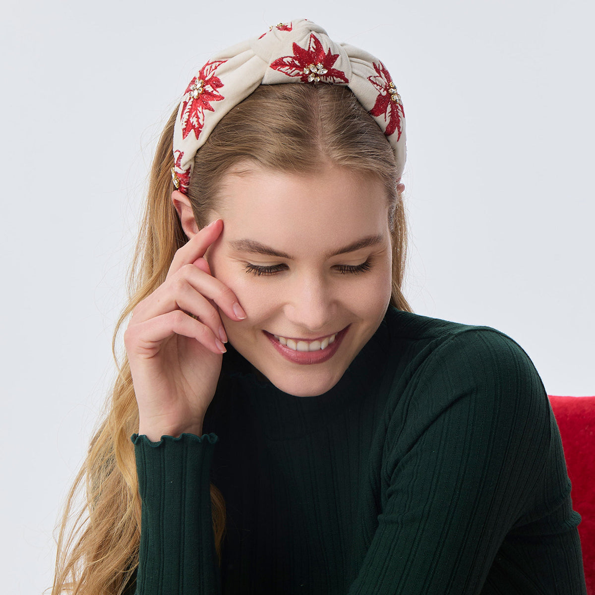 Lele Sadoughi HEADBANDS CRIMSON RED KNOTTED POINSETTIA EMBROIDERED HEADBAND