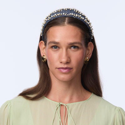 Lele Sadoughi HEADBANDS DENIM DOBBY CHER PEARL SPRINKLE HEADBAND