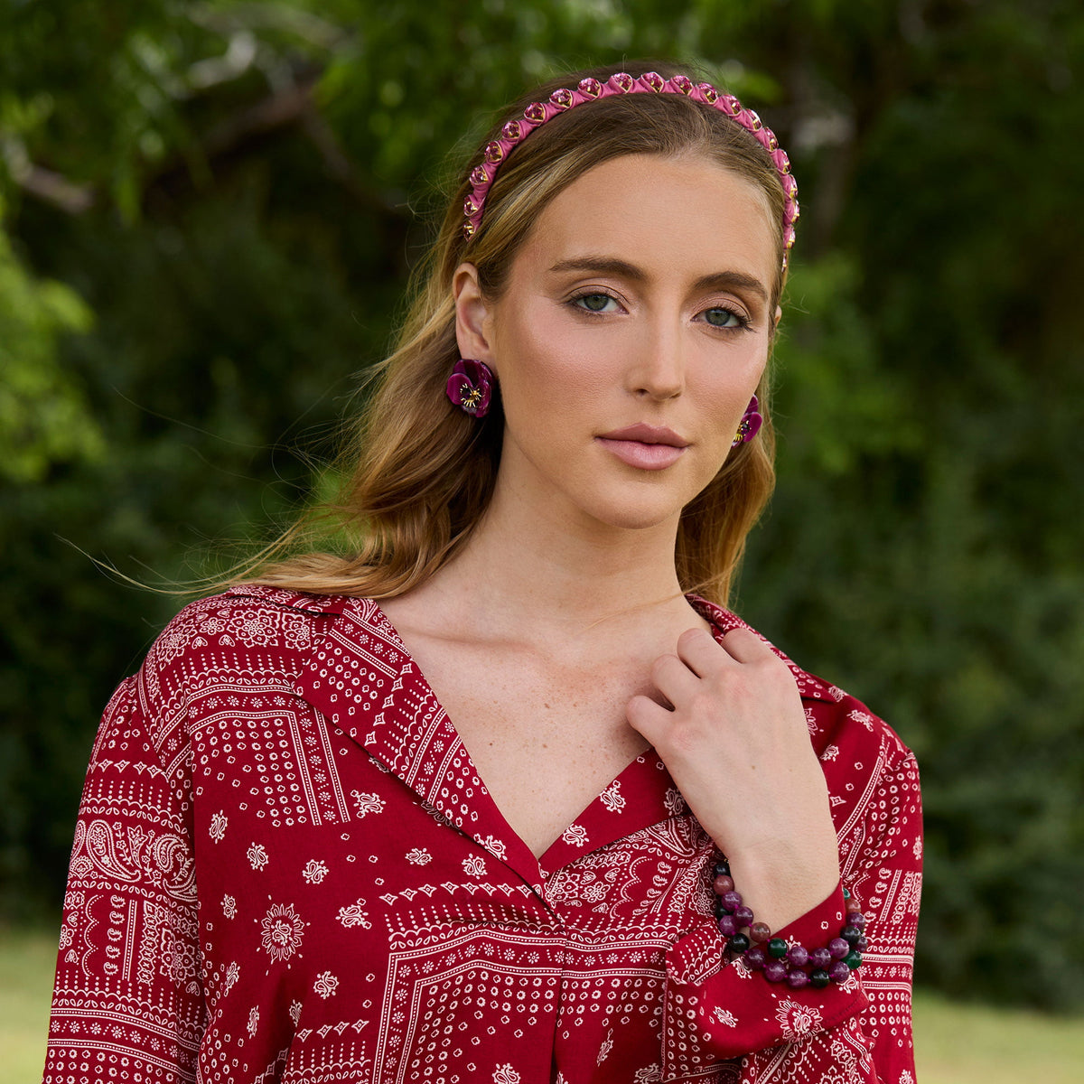 Lele Sadoughi HEADBANDS DUSTY ROSE CRYSTAL FAUX LEATHER STRAND HEADBAND