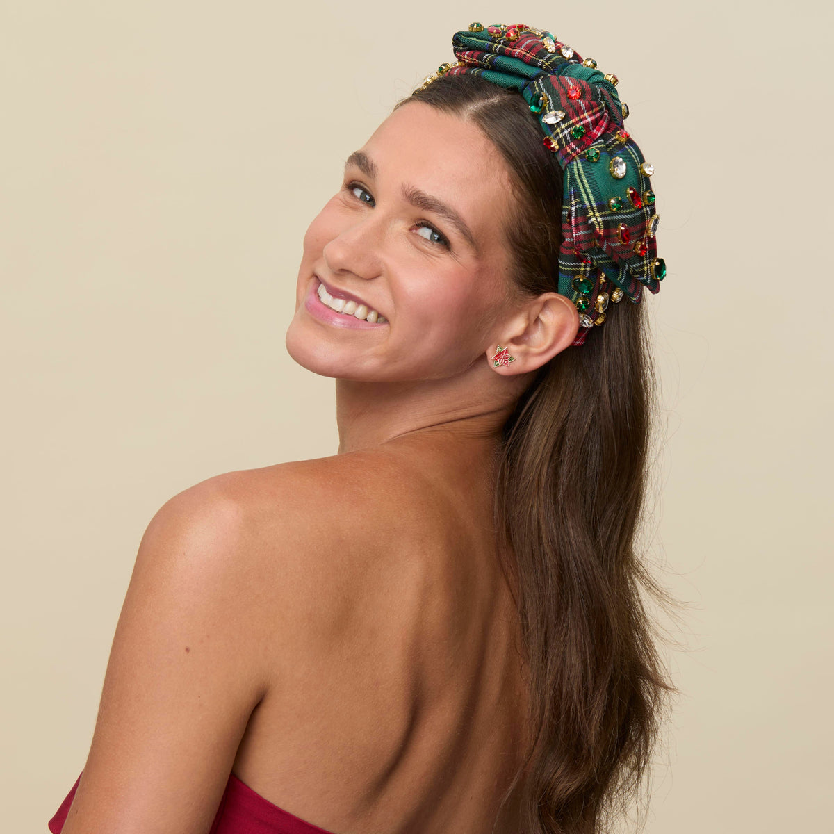 Lele Sadoughi HEADBANDS FESTIVE PLAID HOLLY GLITTERING CRYSTAL HEADBAND