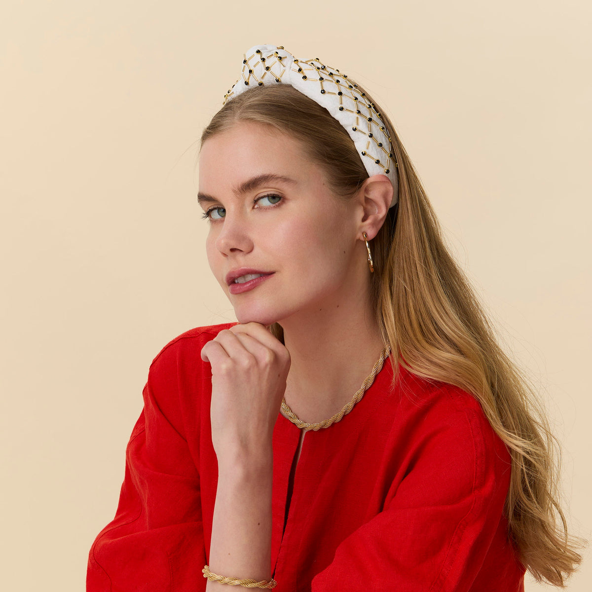Lele Sadoughi HEADBANDS IVORY GOLD KNOTTED LATTICE HEADBAND