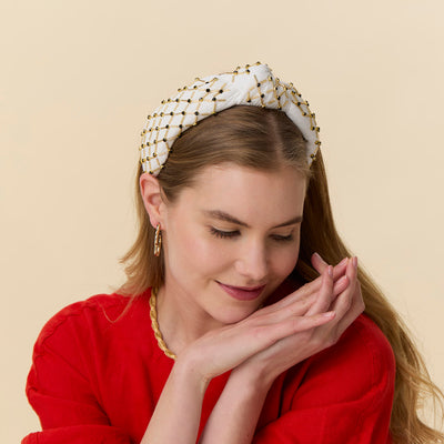Lele Sadoughi HEADBANDS IVORY GOLD KNOTTED LATTICE HEADBAND