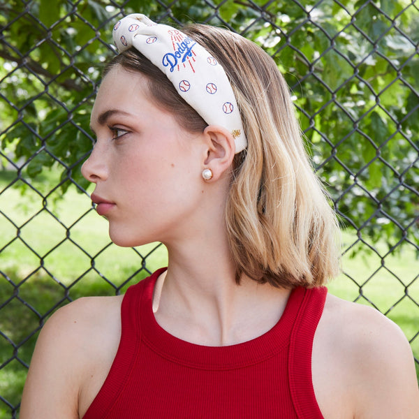 IVORY LA DODGERS EMBROIDERED KNOTTED HEADBAND Lele Sadoughi
