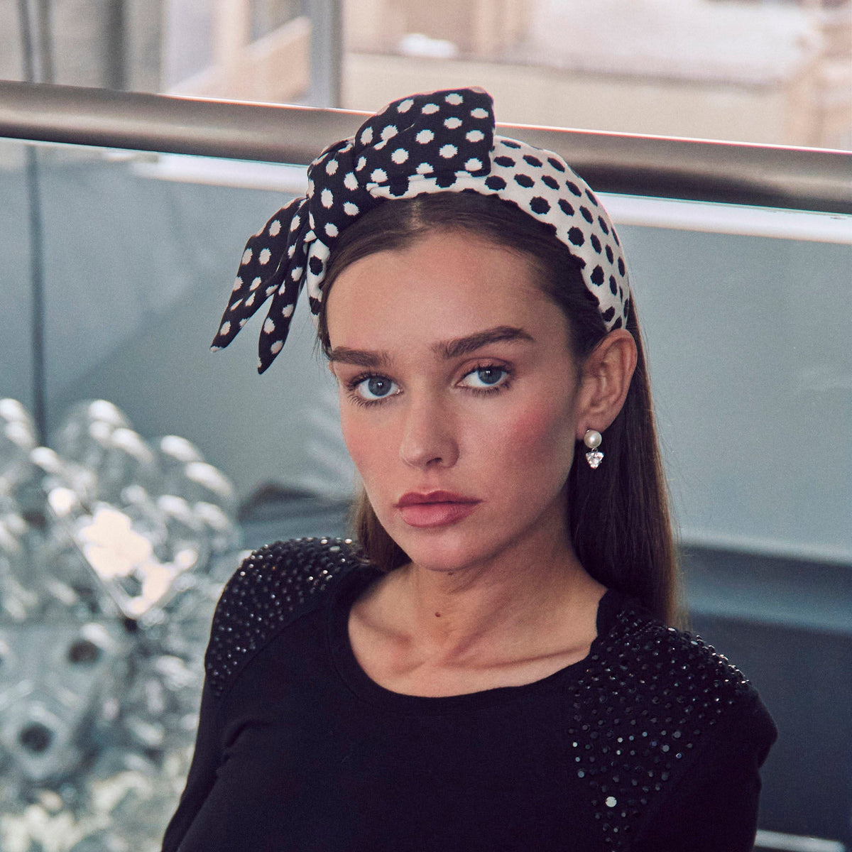 Lele Sadoughi HEADBANDS JET IVORY HOLLY POLKA DOT HEADBAND