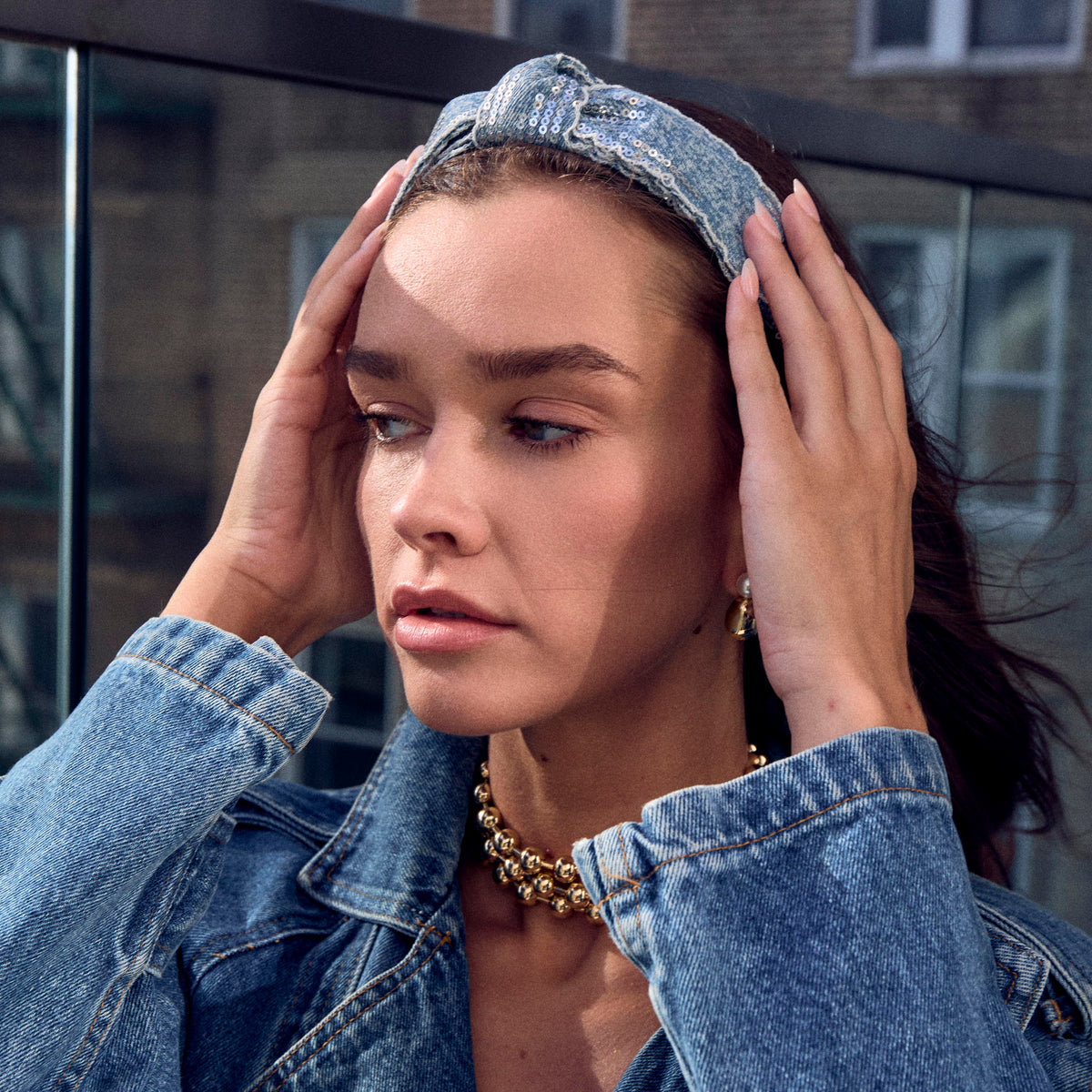 Lele Sadoughi HEADBANDS LIGHT DENIM SHIRLEY SCALLOPED SEQUIN HEADBAND
