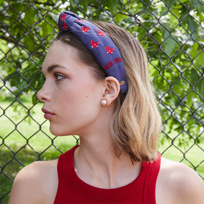 Lele Sadoughi HEADBANDS NAVY BOSTON RED SOX EMBROIDERED KNOTTED HEADBAND