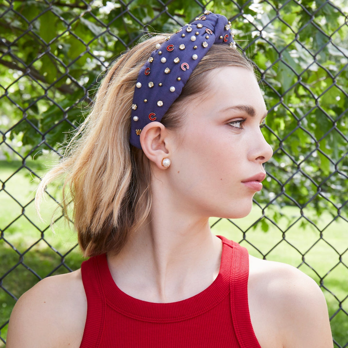 Lele Sadoughi HEADBANDS NAVY CHICAGO CUBS EMBELLISHED KNOTTED HEADBAND