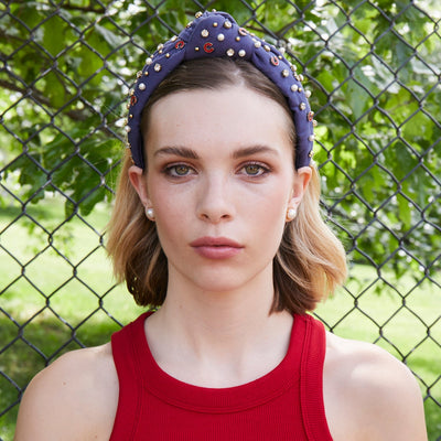 Lele Sadoughi HEADBANDS NAVY CHICAGO CUBS EMBELLISHED KNOTTED HEADBAND