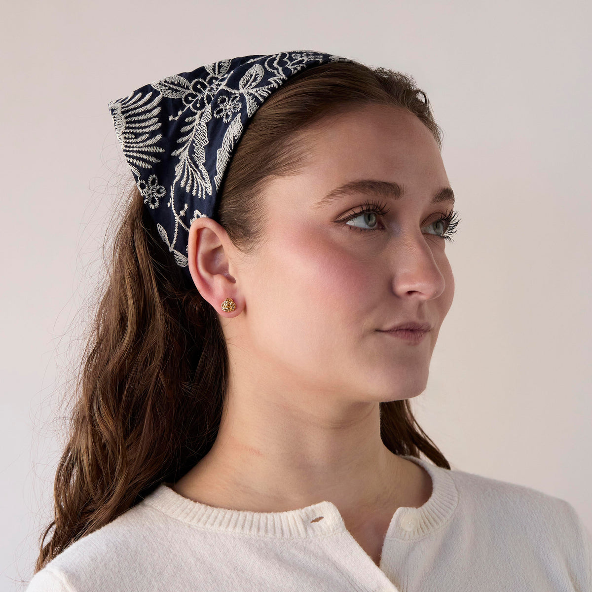 Lele Sadoughi HEADBANDS NAVY GARDEN JACKIE EMBROIDERED EYELET HANDKERCHIEF HEADBAND