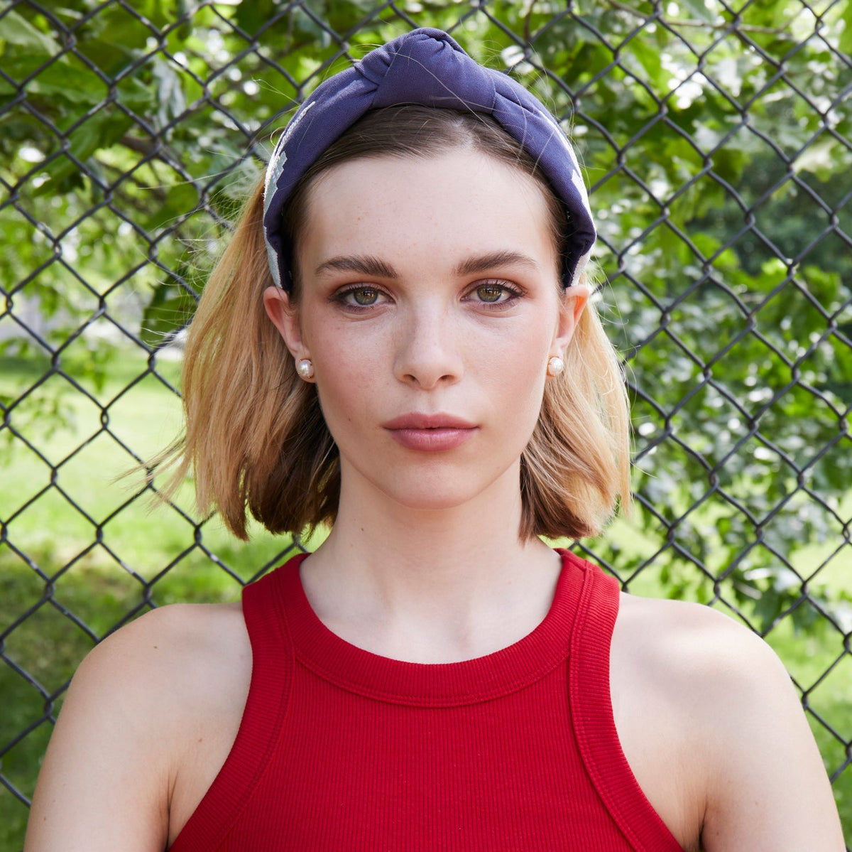 Lele Sadoughi HEADBANDS NAVY NY METS EMBROIDERED KNOTTED HEADBAND