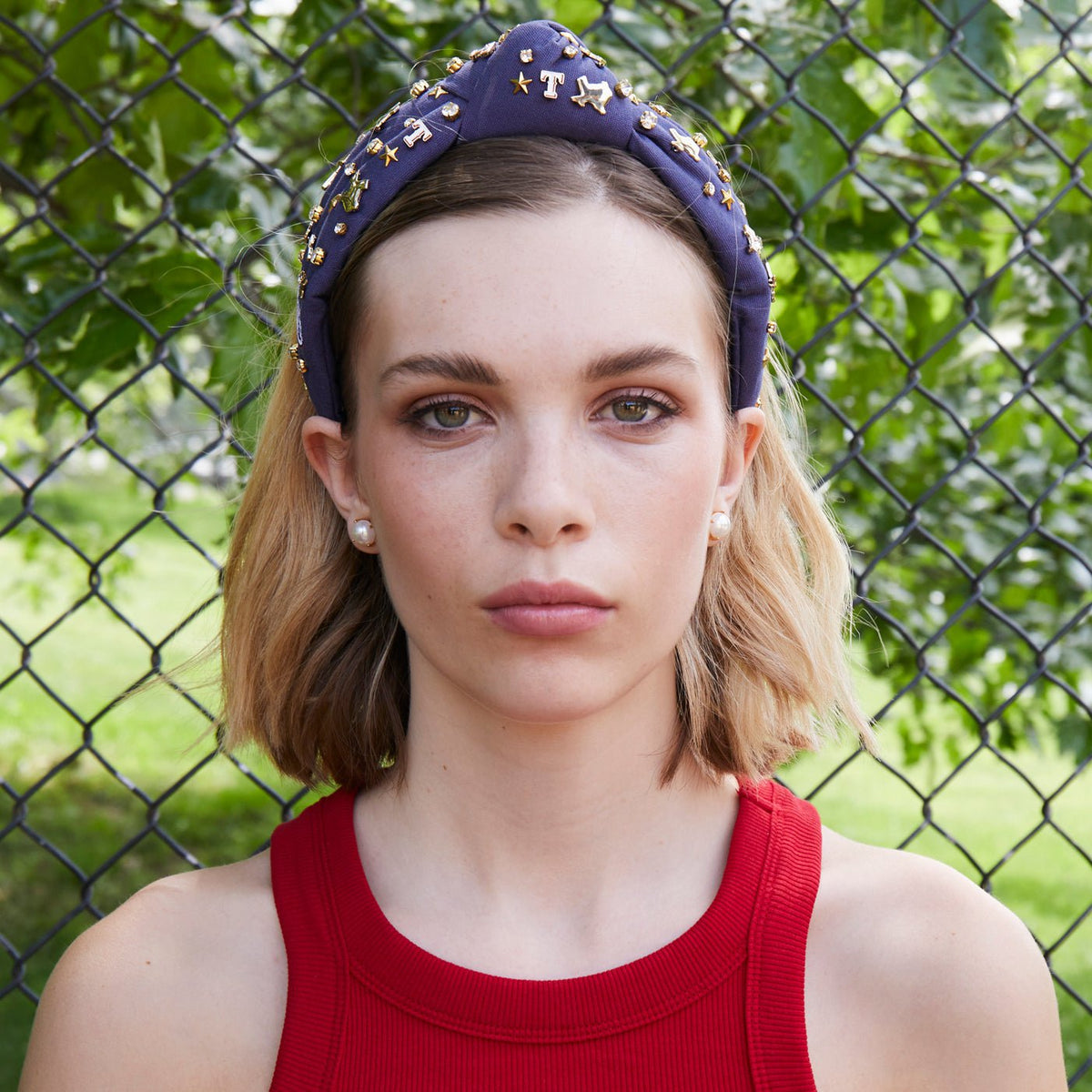 Lele Sadoughi HEADBANDS NAVY TEXAS RANGERS EMBELLISHED KNOTTED HEADBAND