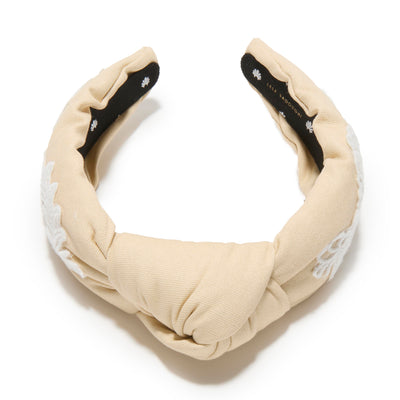 Lele Sadoughi HEADBANDS OATMEAL KNOTTED EMBROIDERED LACE HEADBAND