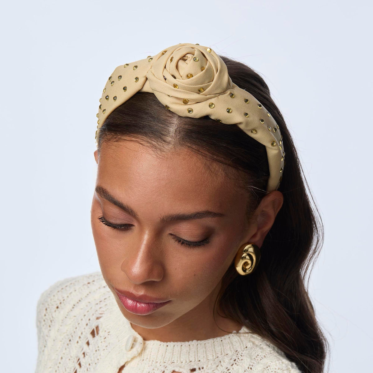 Lele Sadoughi HEADBANDS OATMEAL ROSETTE CRYSTAL EMBELLISHED HEADBAND