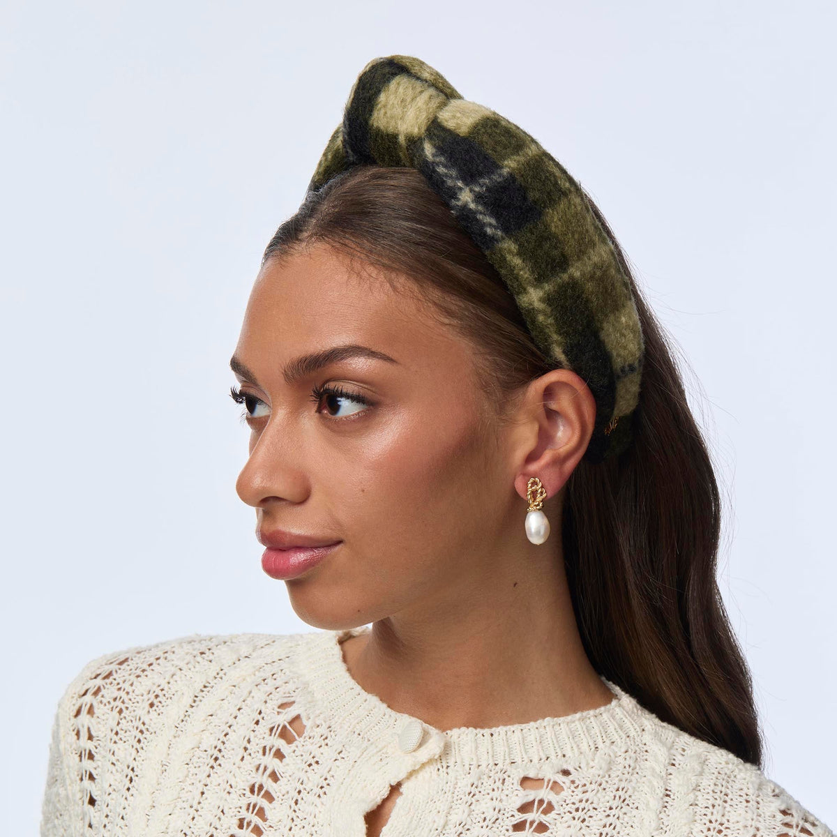 Lele Sadoughi HEADBANDS OLIVE GREEN KNOTTED HARVEST PLAID HEADBAND