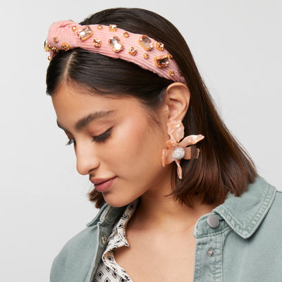 Lele Sadoughi HEADBANDS ONE SIZE BLUSH CRYSTAL CORDUROY SLIM KNOTTED HEADBAND