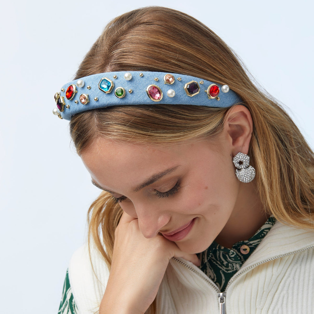 Lele Sadoughi HEADBANDS ONE SIZE LIGHT DENIM GEM BEZEL DENIM ALICE HEADBAND
