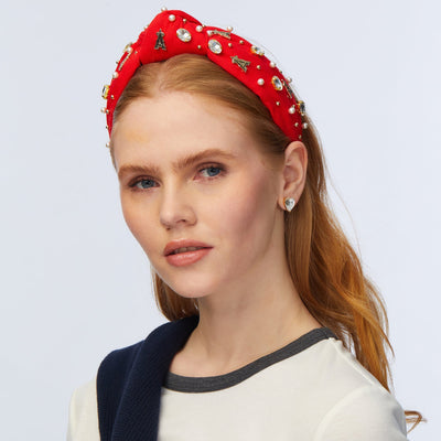 Lele Sadoughi HEADBANDS ONE SIZE RED LOS ANGELES ANGELS EMBELLISHED KNOTTED HEADBAND