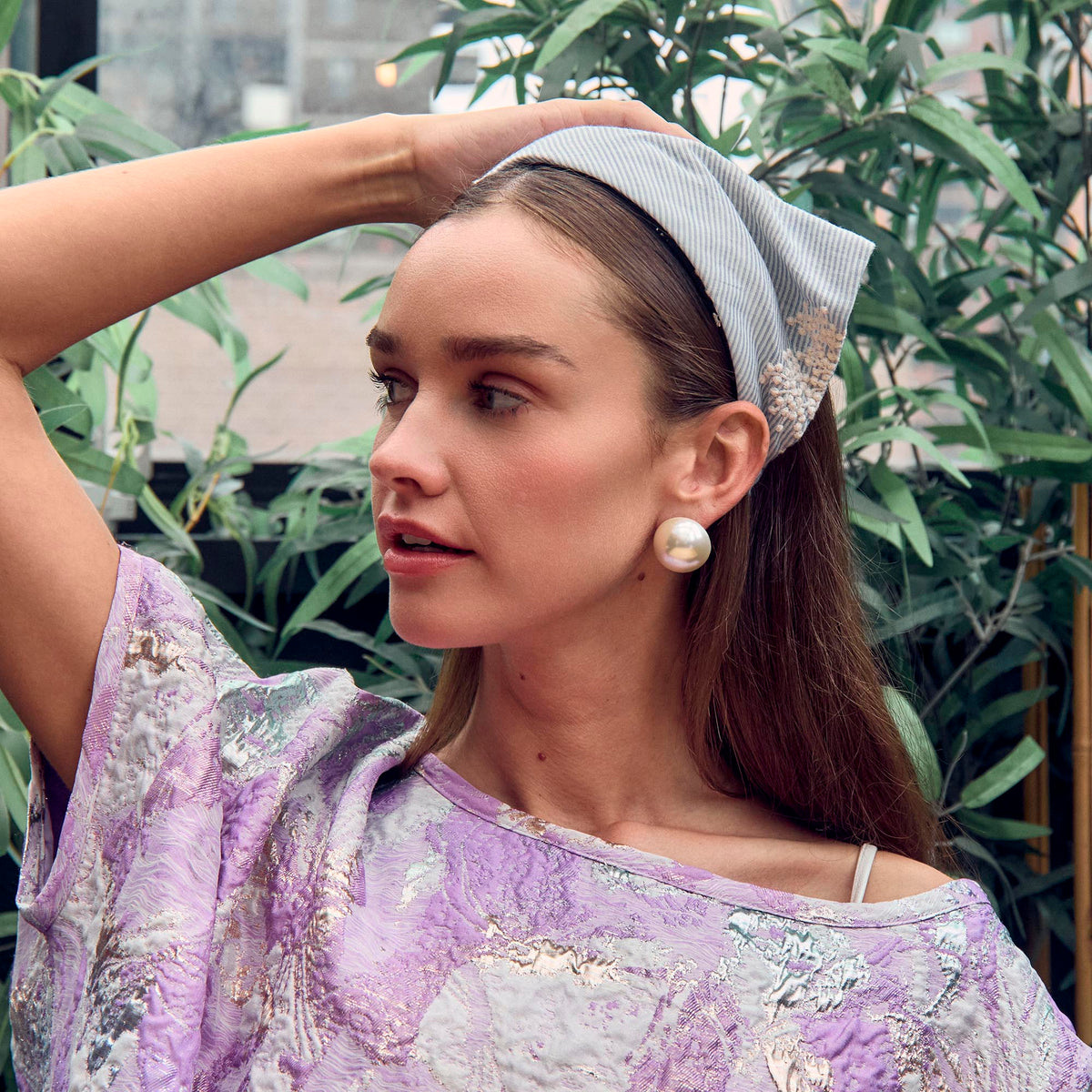 Lele Sadoughi HEADBANDS SKY BLUE JACKIE EMBROIDERED SEERSUCKER HANKERCHIEF HEADBAND