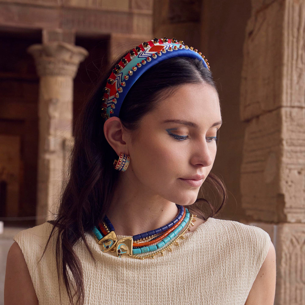 Lele Sadoughi HEADBANDS THE MET X LELE TURQUOISE GIGI EGYPTIAN EMBROIDERED HEADBAND