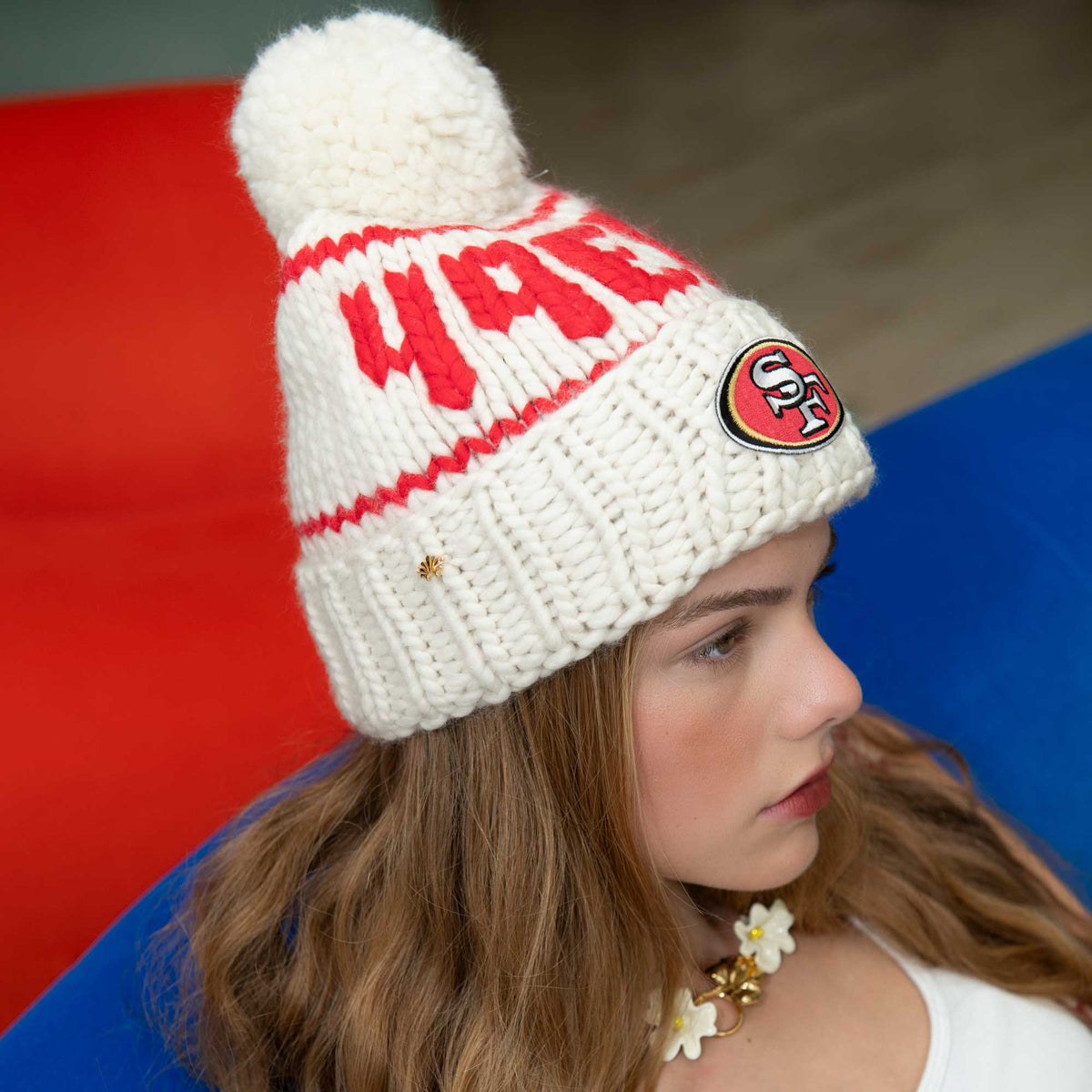 Lele Sadoughi Licensed Beanies *PRE-ORDER* WHITE 49ERS LELE X NFL BEANIE YARN POM