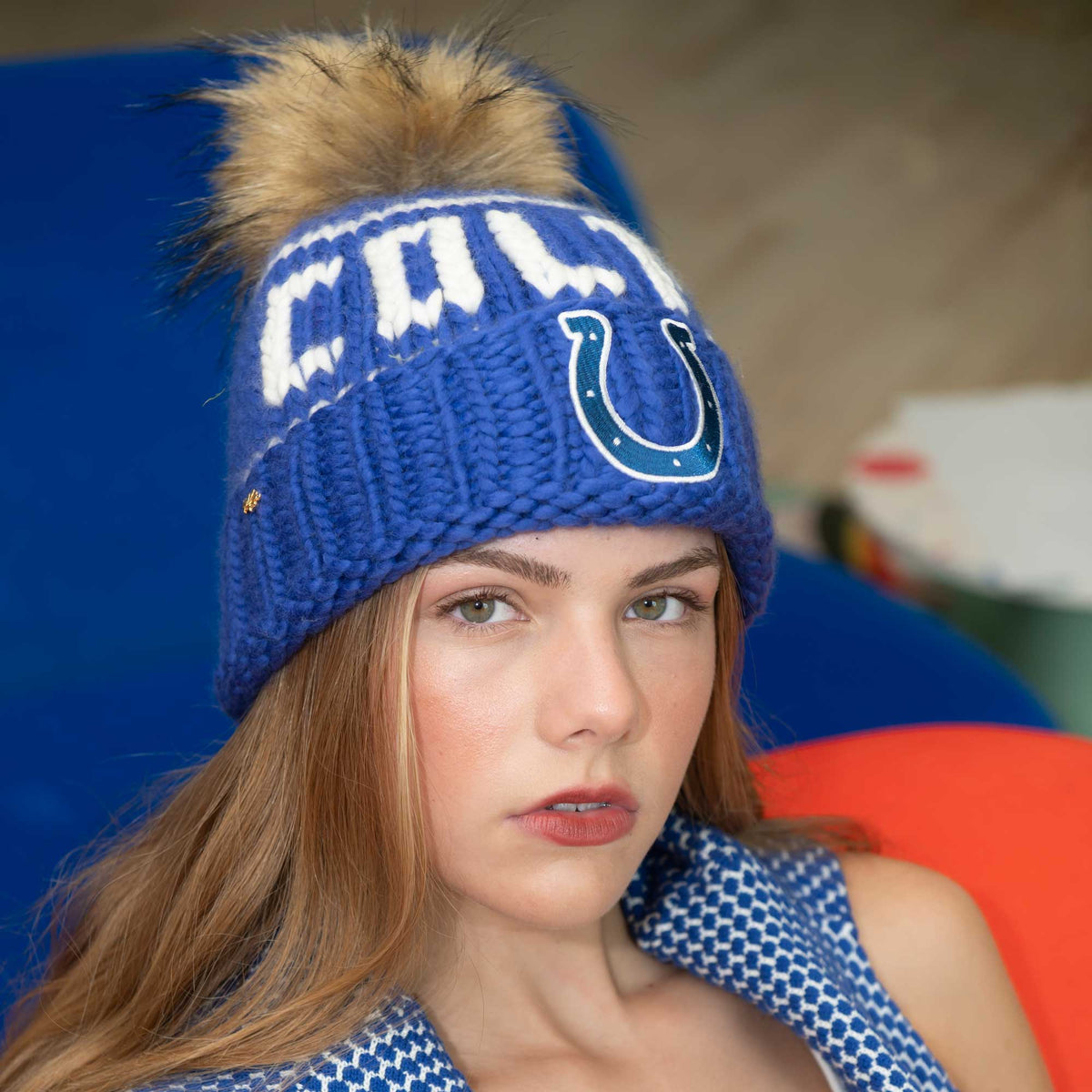 Lele Sadoughi Licensed Beanies ROYAL BLUE COLTS LELE X NFL BEANIE FAUX FUR POM