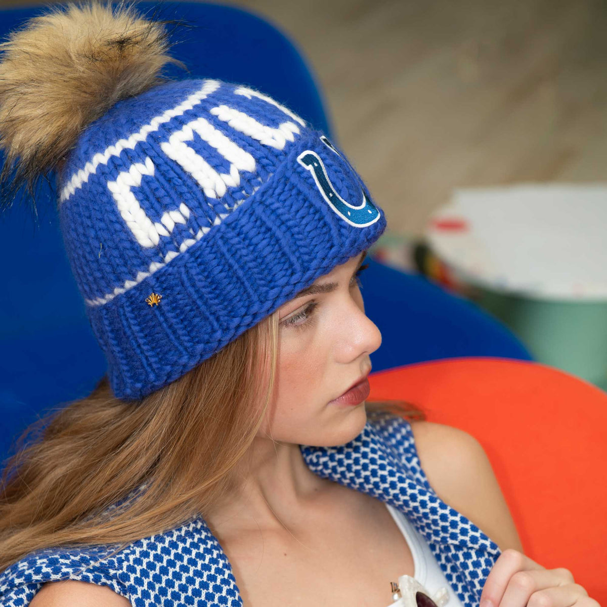 Lele Sadoughi Licensed Beanies ROYAL BLUE COLTS LELE X NFL BEANIE FAUX FUR POM