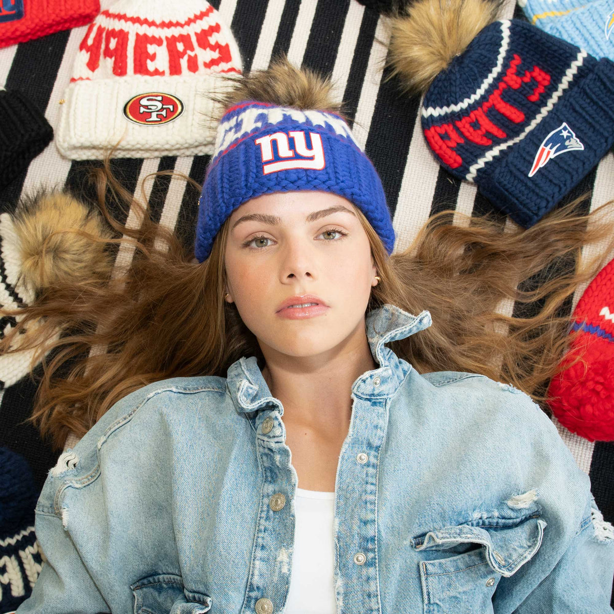 Lele Sadoughi Licensed Beanies ROYAL BLUE GIANTS LELE X NFL BEANIE FAUX FUR POM